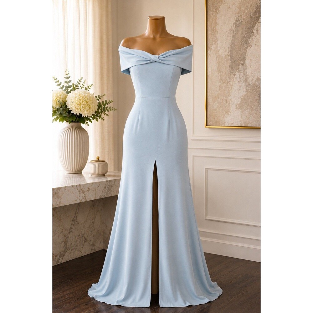 Lovers + Friends Light Blue Off-Shoulder Lined Slit Maxi Gown Crepe M